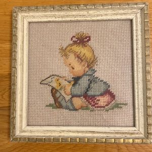 Antique vintage embroidery stitchery blonde baby girl w/duck picture unique/rare